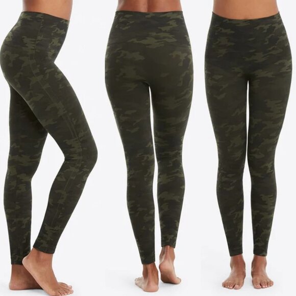 SPANX Pants - Spanx Look At Me Now Leggings Size M Green Camo Sculpting Mid Rise Gym Tights